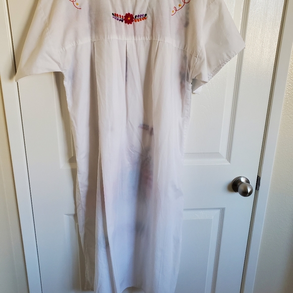 Vintage Mexican Colorful Rainbow Flower Embroider White Cotton Maxi House Dress - Picture 6 of 16